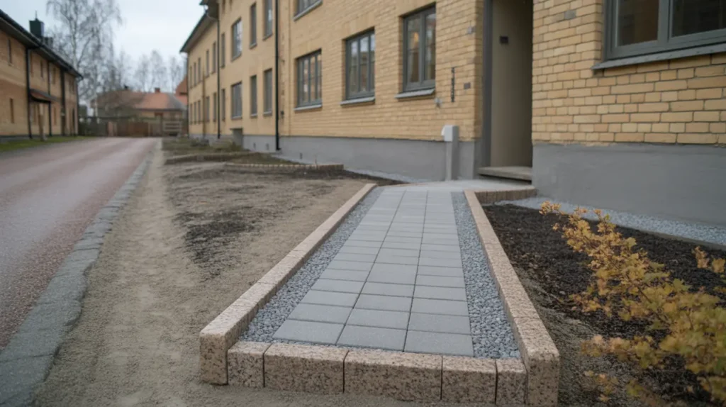 plattl ggning av g ngstr k och entr ytor med kantsten i flemingsberg huddinge